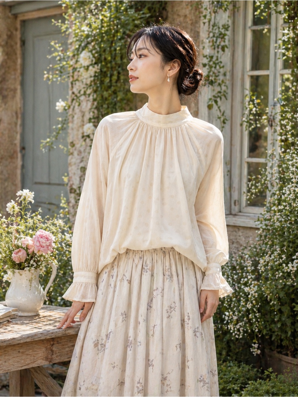 Magali Cotton Polka Dot Blouse High Neck Ruffle Sleeve Cream Japan
